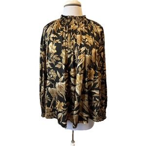 H&M Gold Black Satin Floral Smocked High Neck Blouse Women's 14 Whimsigoth Glam